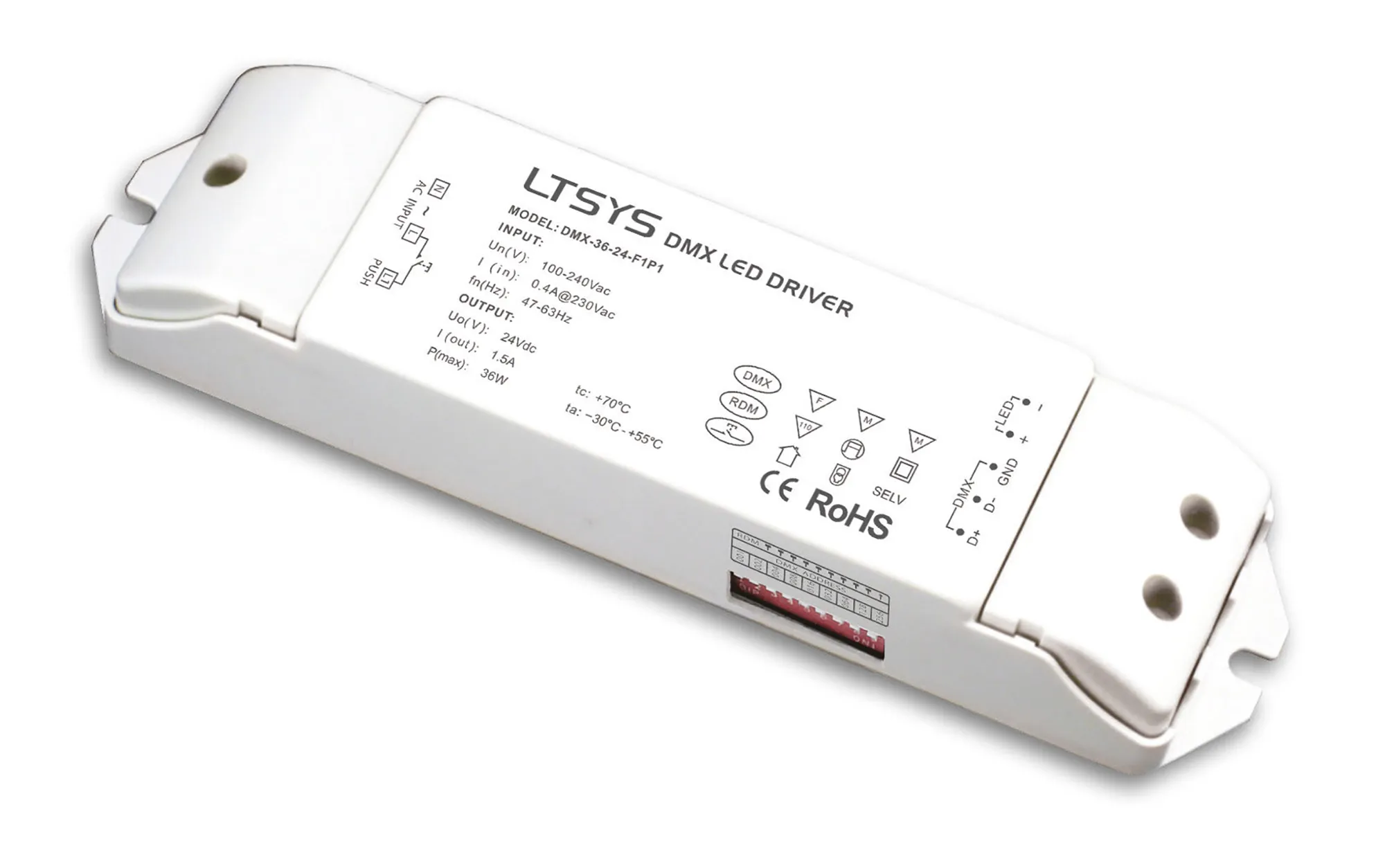 DMX-36-24-F1P1  DMX512, Push Dim PWM 36W Voltage Dimmable Driver 24V